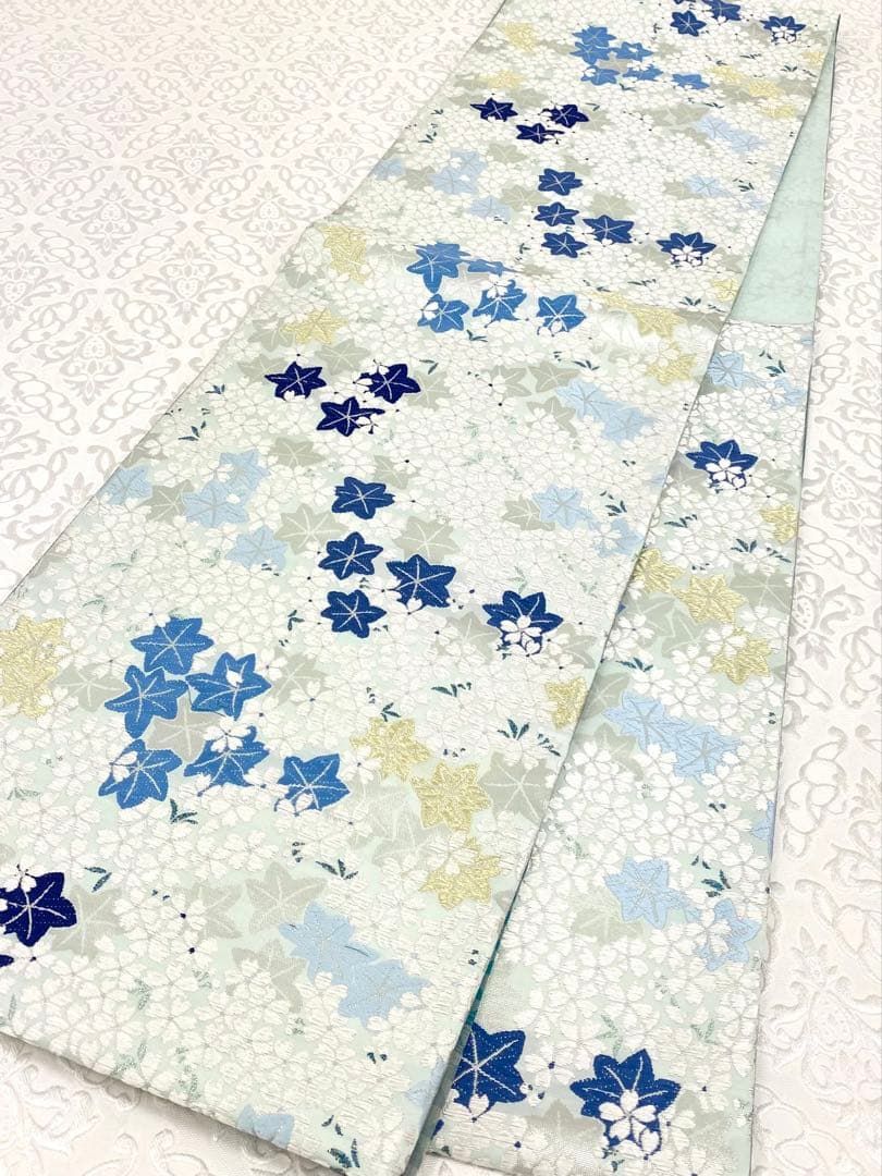 本草木藍染 山口美術織物 唐織 袋帯 楓に桜 新品未使用 金糸 銀糸 正絹 六通 本草木藍染 山口美術織物 唐織 袋帯 楓に桜 新品未使用 金糸 銀糸 正絹