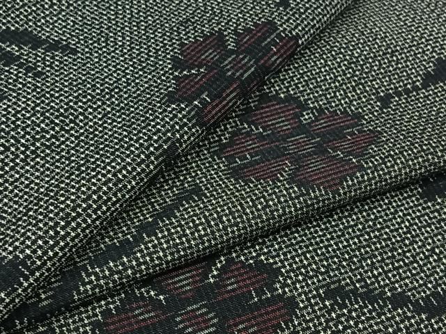 平和屋着物 上質な紬 単衣 草花文 黒地 正絹 AABC3192jh