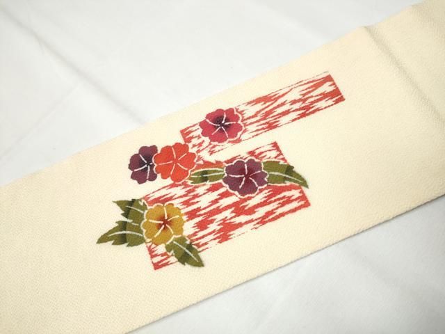 平和屋着物○九寸名古屋帯 型染め 枝花文 鬼しぼ縮緬 正絹 逸品