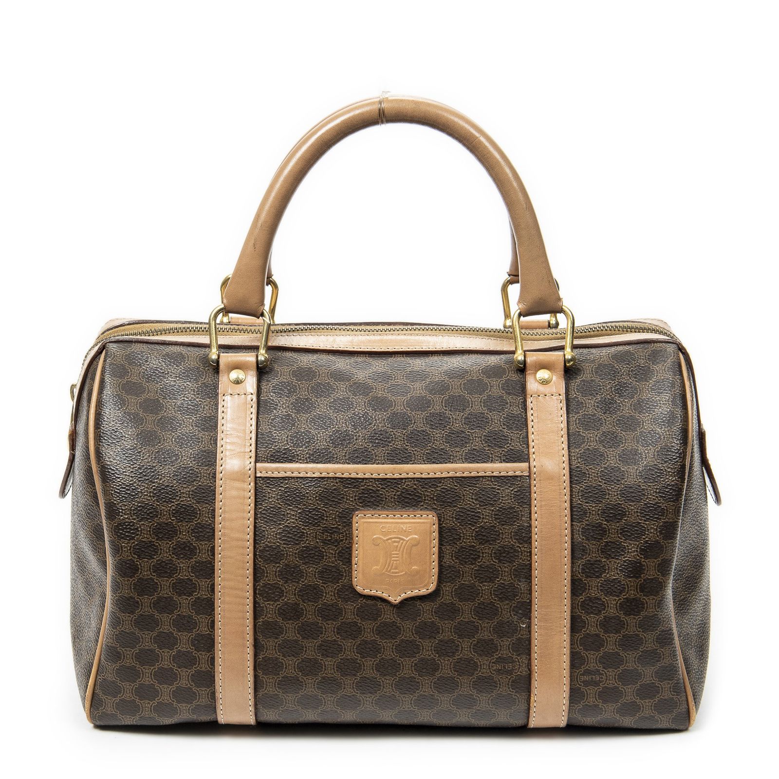 CELINE セリーヌヴィンテージ スモール ボストン茶色マカダムPVCキャンバスAB