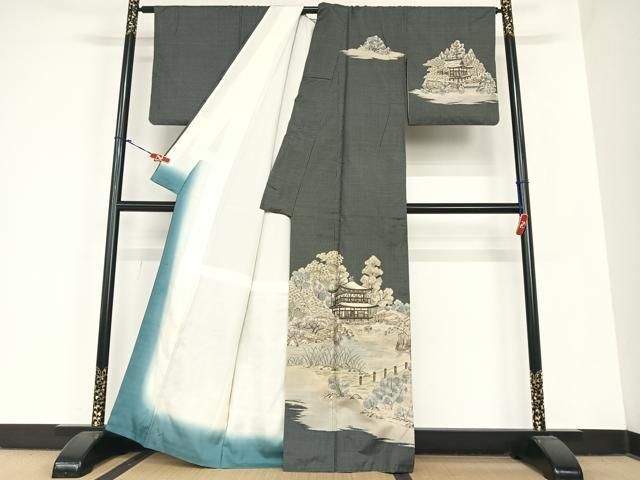 平和屋着物●本場染大島紬　訪問着　作家物　手描き　慈照寺　正絹　逸品　AABC0080zg 平和屋着物○本場染大島紬 訪問着 作家物 手描き 慈照寺 正絹 逸品