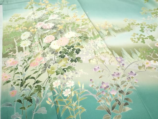 平和屋着物○十日町友禅作家 岡村蒼風 訪問着 紬地 枝花