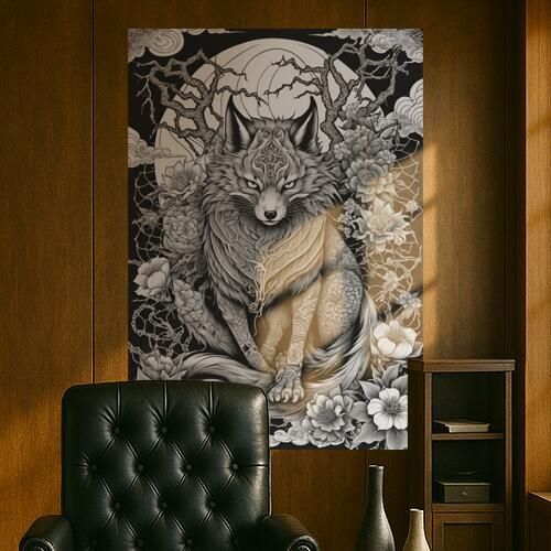 狐 花 月 木 タトゥー タペストリー 和風 和柄 入れ墨風 浮世絵風