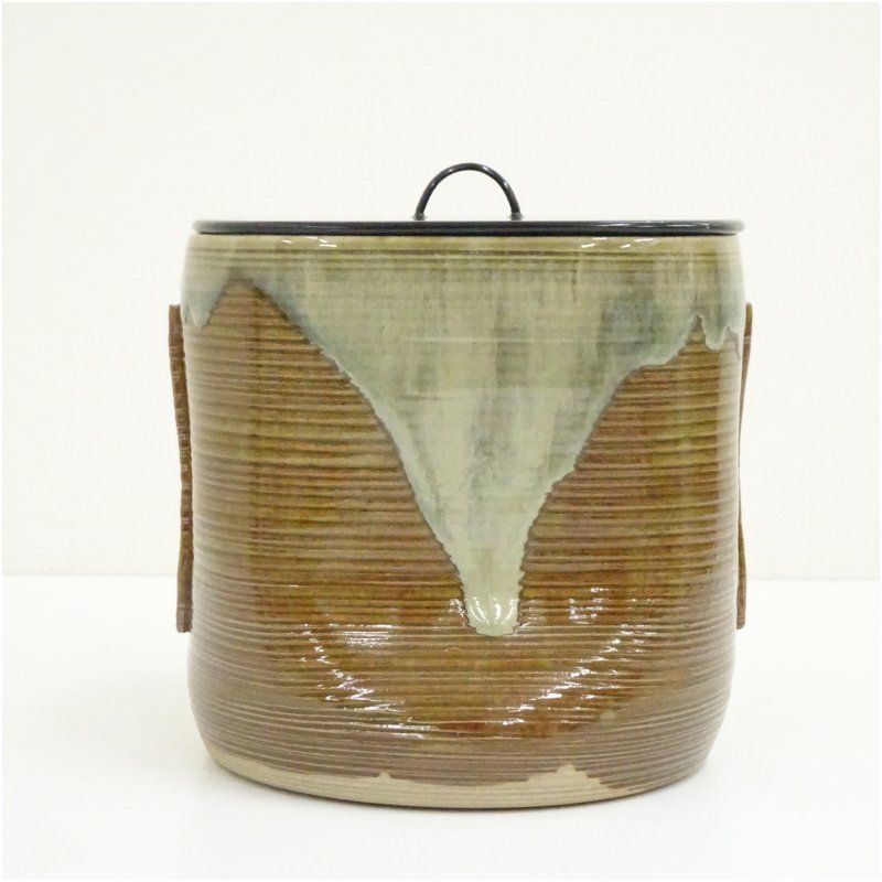 逢絢亭・新品】茶道具 水指 京焼 掻落し 真塗の塗蓋 黒石窯 共箱入り