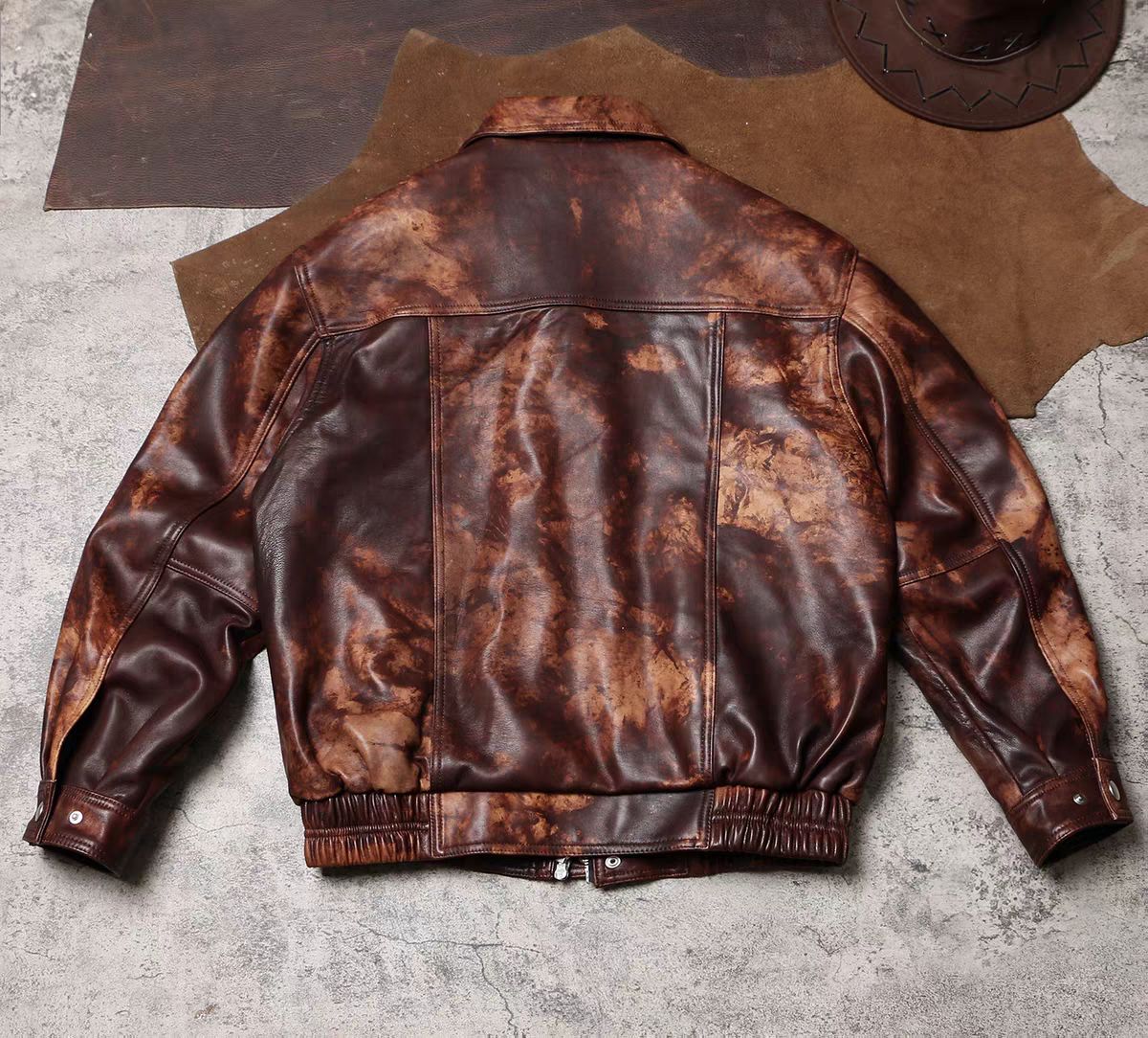 全新 レトロ風ユーズド感のある男女兼用レザージャケット オーバーサイズのシープスキンコート 広めの襟デザイン K