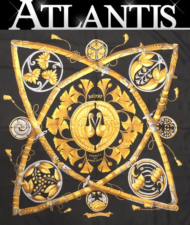 広尾店 エルメス HERMES カレ90 大判スカーフ PRICES DU SOLEIL LEVART 大名 日出る国の皇子 黒系 マルチ シルク100％ 17494