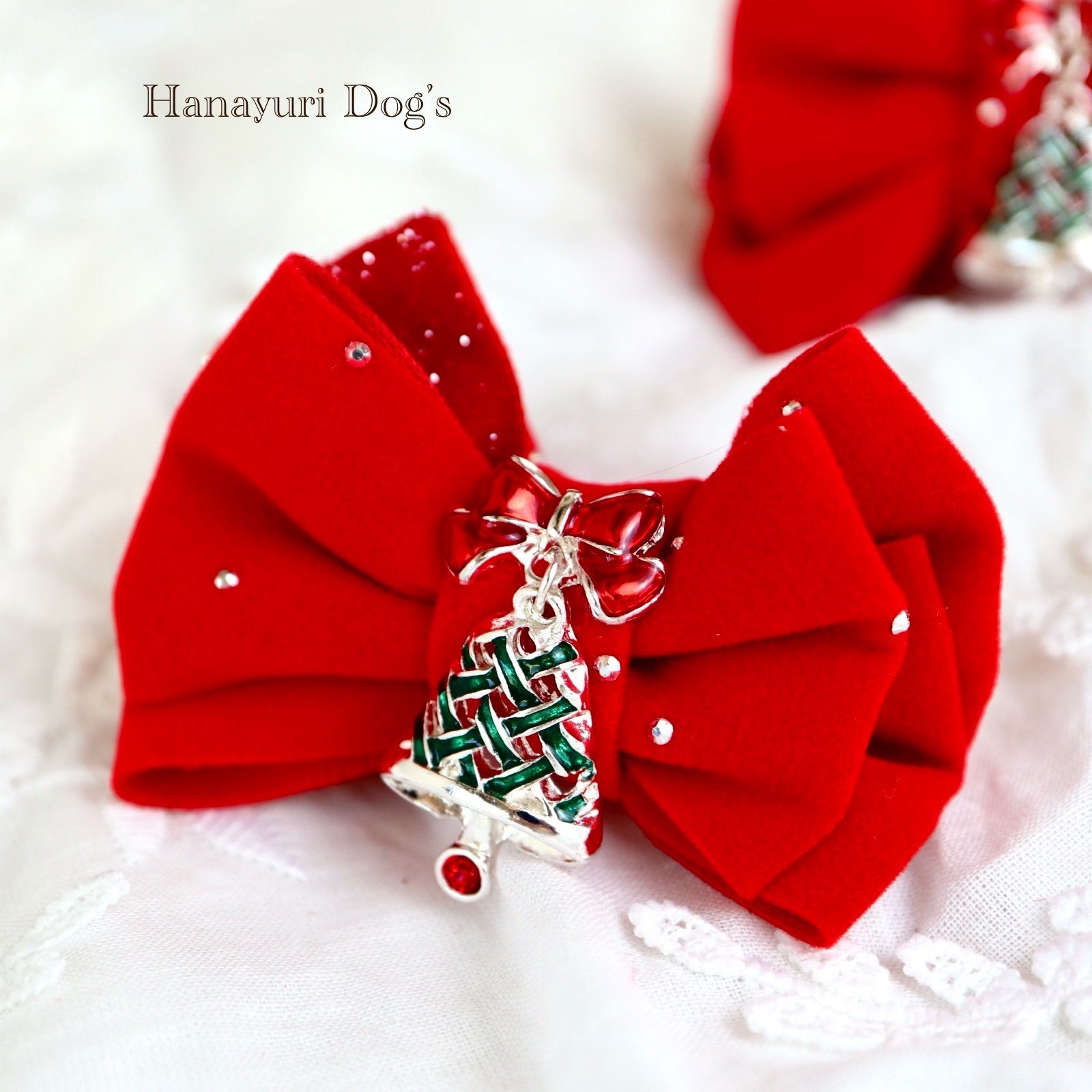 ラインストーン 赤ベルベット クリスマスツリー 冬 犬バレッタ キッズ