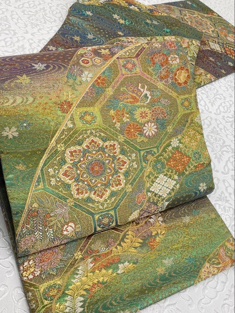 陽文綴 耀変 袋帯 キラキラ 七色 蜀江文 華紋 鳳凰 鳥 煌 金糸 正絹 六