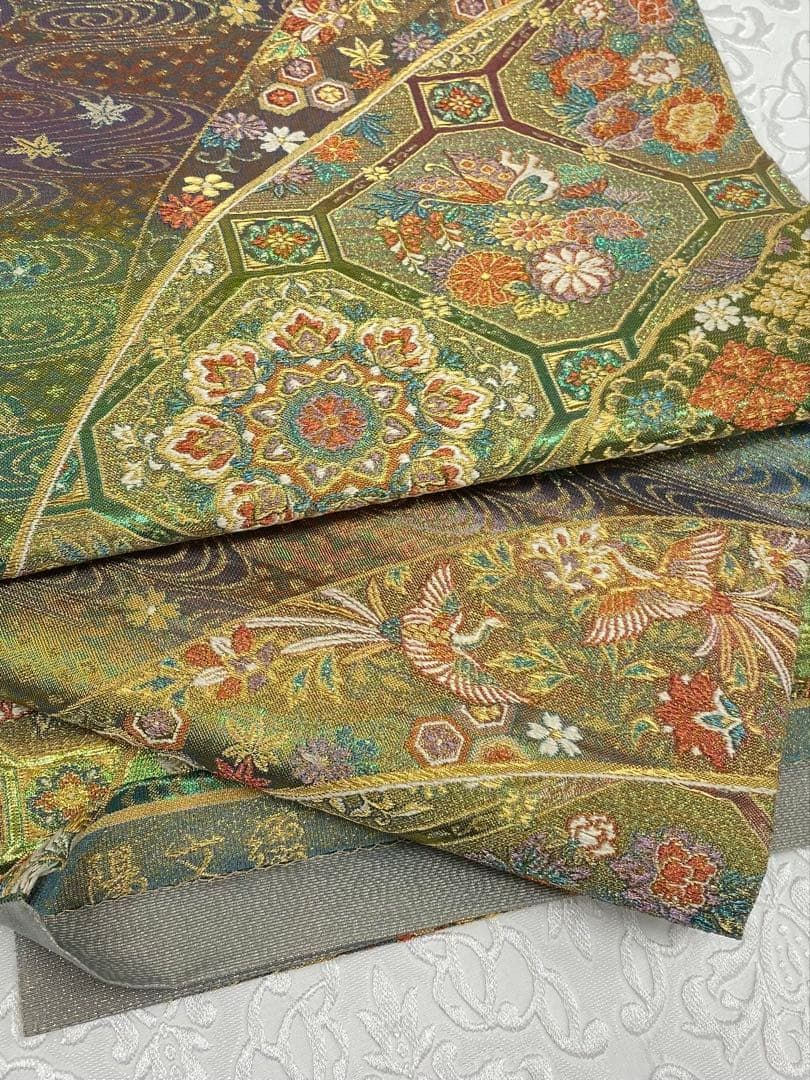 陽文綴 耀変 袋帯 キラキラ 七色 蜀江文 華紋 鳳凰 鳥 煌 金糸 正絹 六