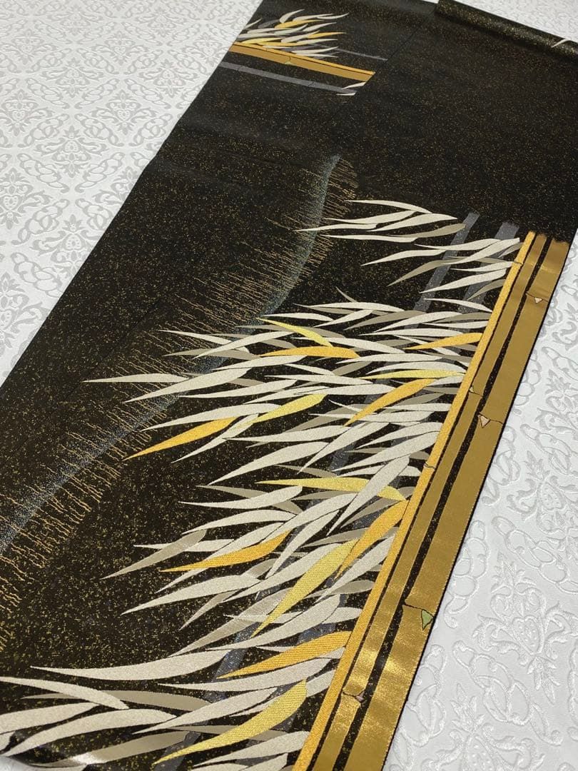 竹林彩麗 ながしま帯 西陣織 袋帯 本金箔 竹笹 未仕立て品 金糸 銀糸 