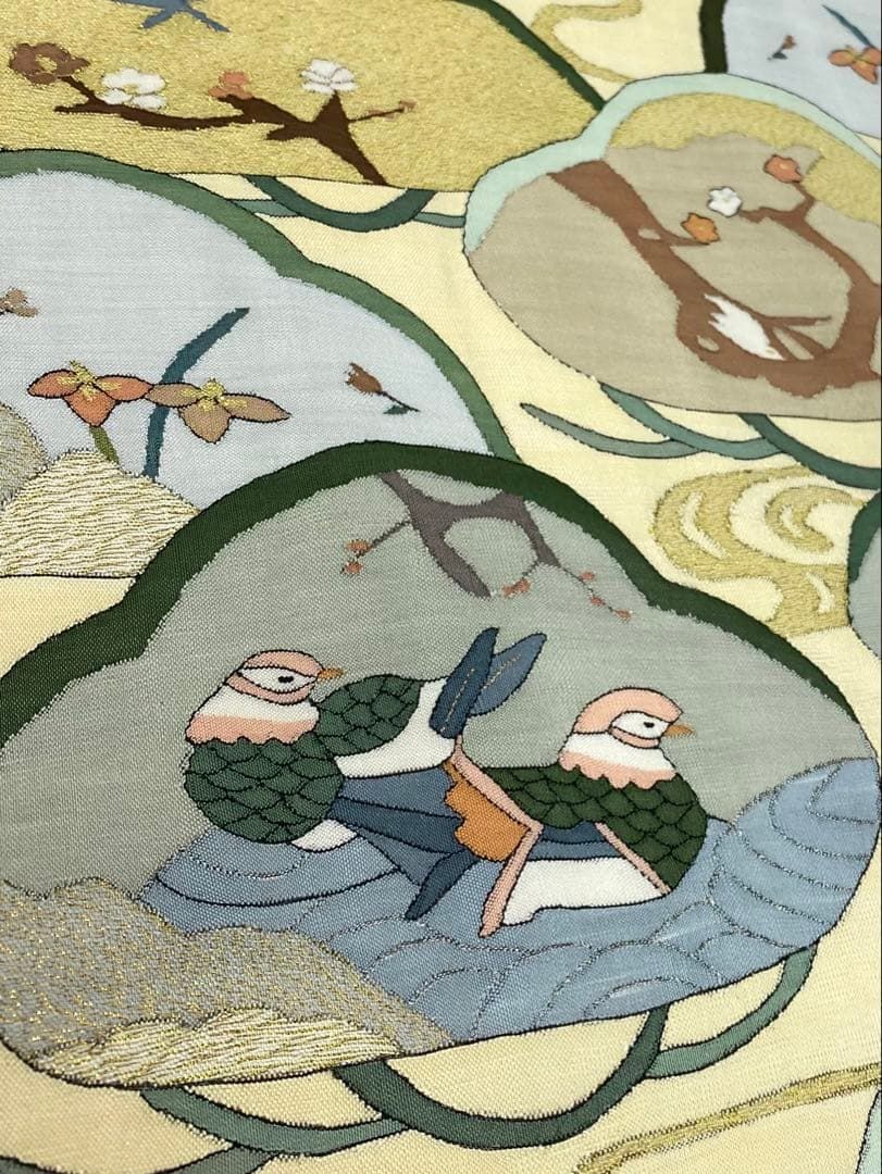 明綴れ 袋帯 鳥 牡丹 正絹 金糸 手織り 三通 - メルカリ