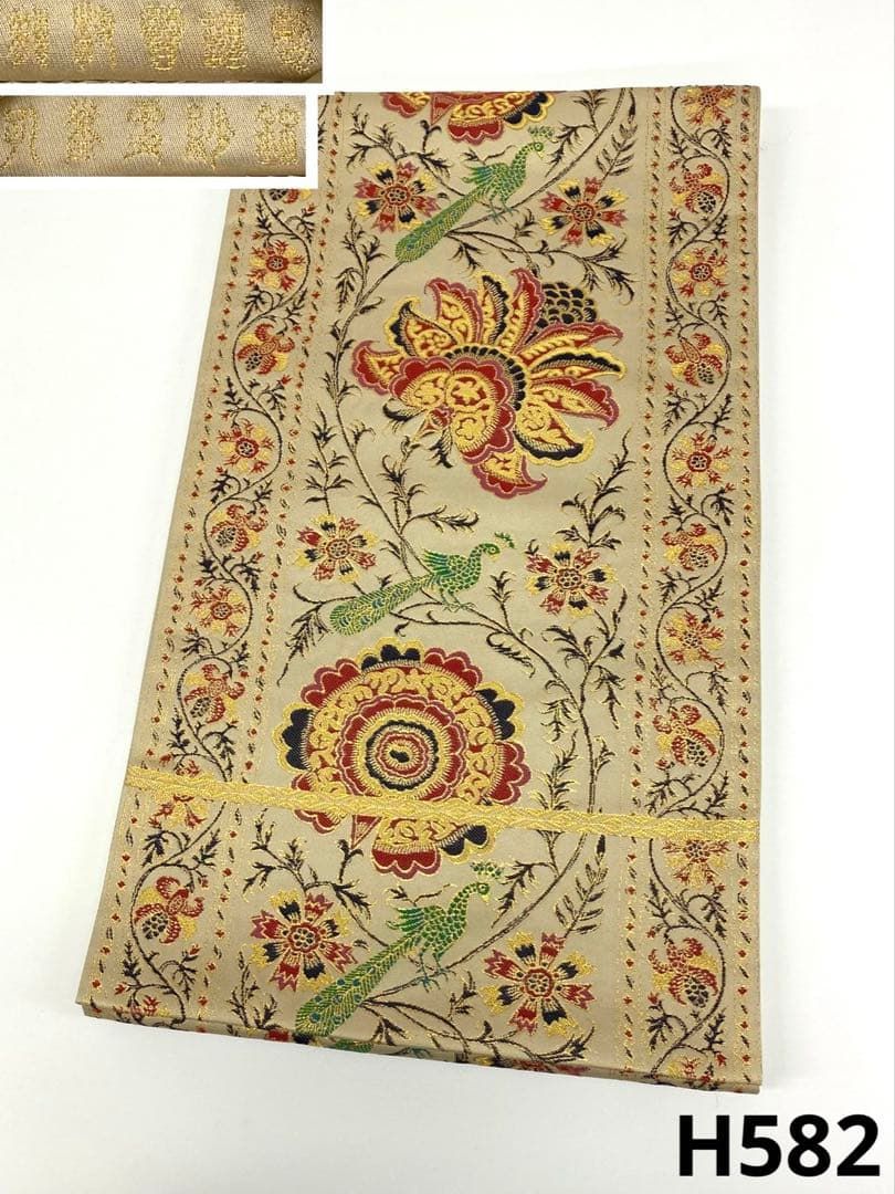 龍村晋謹製 孔雀更紗錦 全通 袋帯 唐花 金糸 正絹 H582