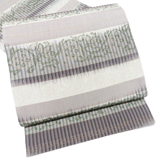 袋帯 未使用 正絹 セミフォーマル カジュアル 仕立て上がり 全通 横段模様 花模様 箔糸 茶鼠色 灰黄緑色 草色 きもの北條 A1292-11