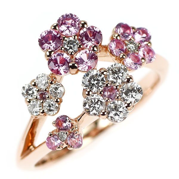 K18PG ピンクサファイア ダイヤモンド リング 0.57ct D0.37ct フラワー