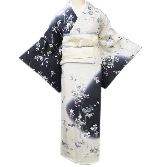 特選 訪問着 着物 正絹 袷 フォーマル 花の図 縮緬地 黒色 象牙色 多色 金 身丈163.5cm 裄67.5cm L きもの北條 A1292-4