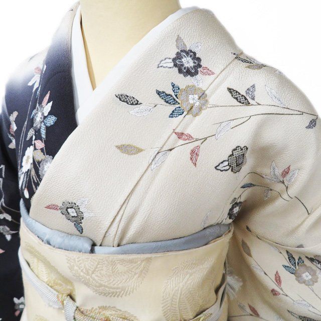 特選 訪問着 着物 正絹 袷 フォーマル 花の図 縮緬地 黒色 象牙色 多色 金 身丈163.5cm 裄67.5cm L きもの北條 A1292-4