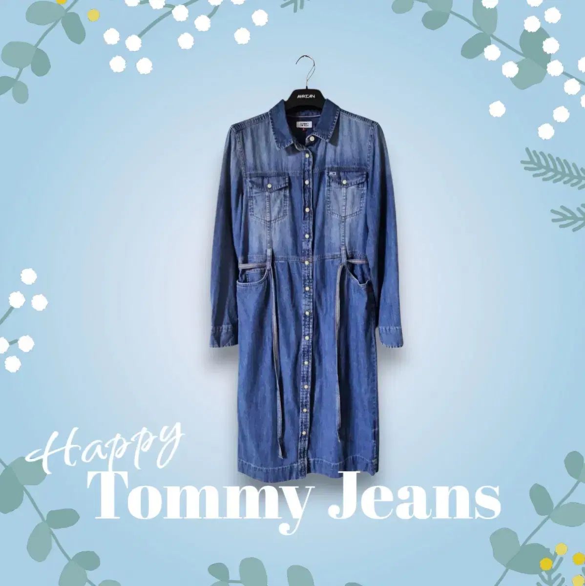 Tommy Jeans ブルー ボタン装飾 ベルト付き デニム ワンピース ミディ丈 S
