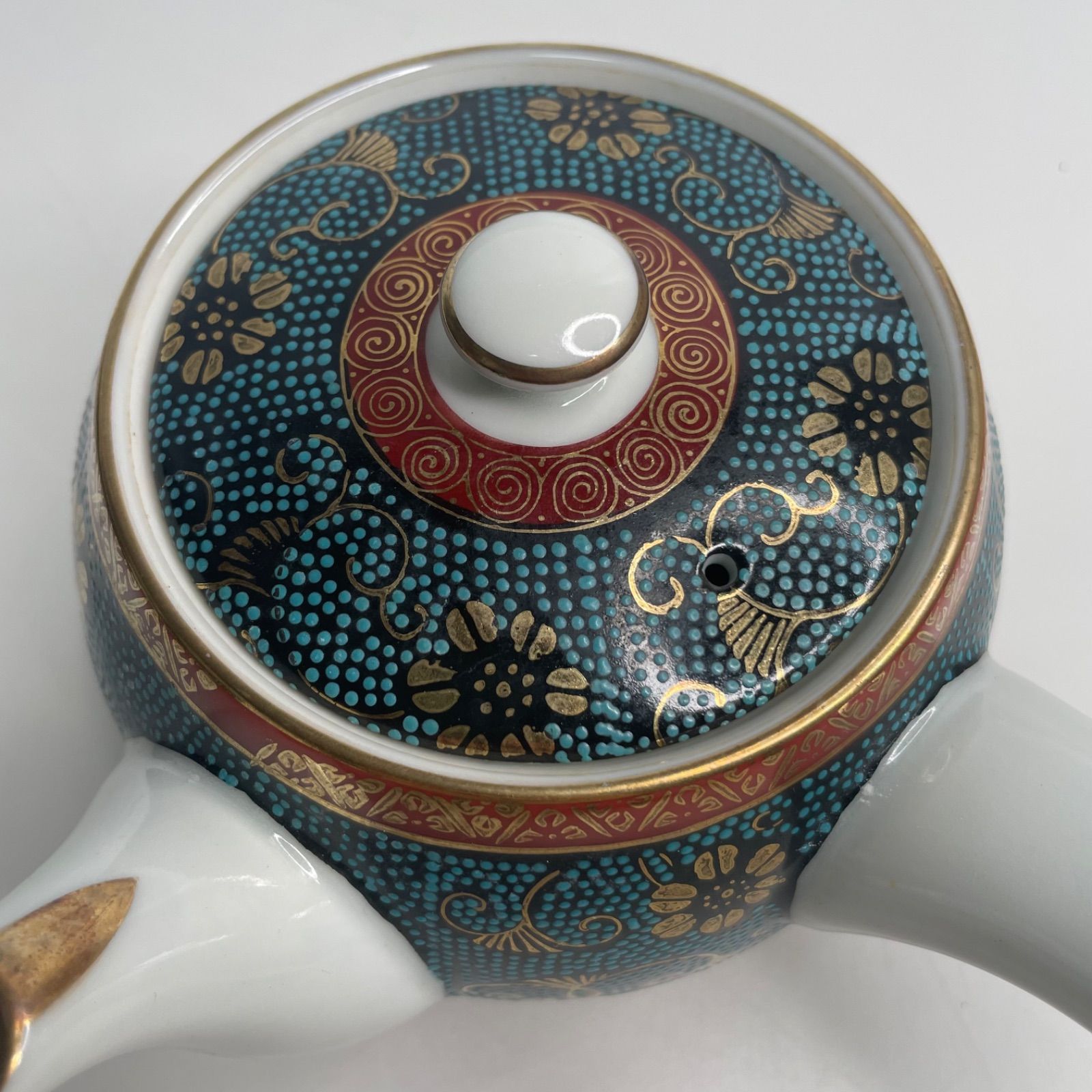 ○九谷焼 九谷良山 青粒鉄山 蓋付き茶器揃い 花唐草文 茶器揃 蓋つき