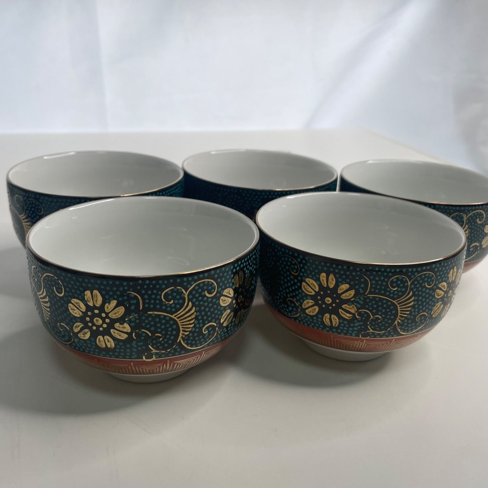 ○九谷焼 九谷良山 青粒鉄山 蓋付き茶器揃い 花唐草文 茶器揃 蓋つき