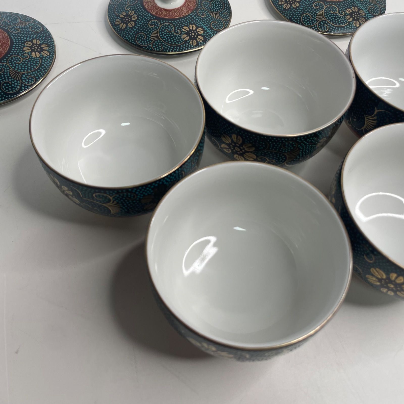 ○九谷焼 九谷良山 青粒鉄山 蓋付き茶器揃い 花唐草文 茶器揃 蓋つき
