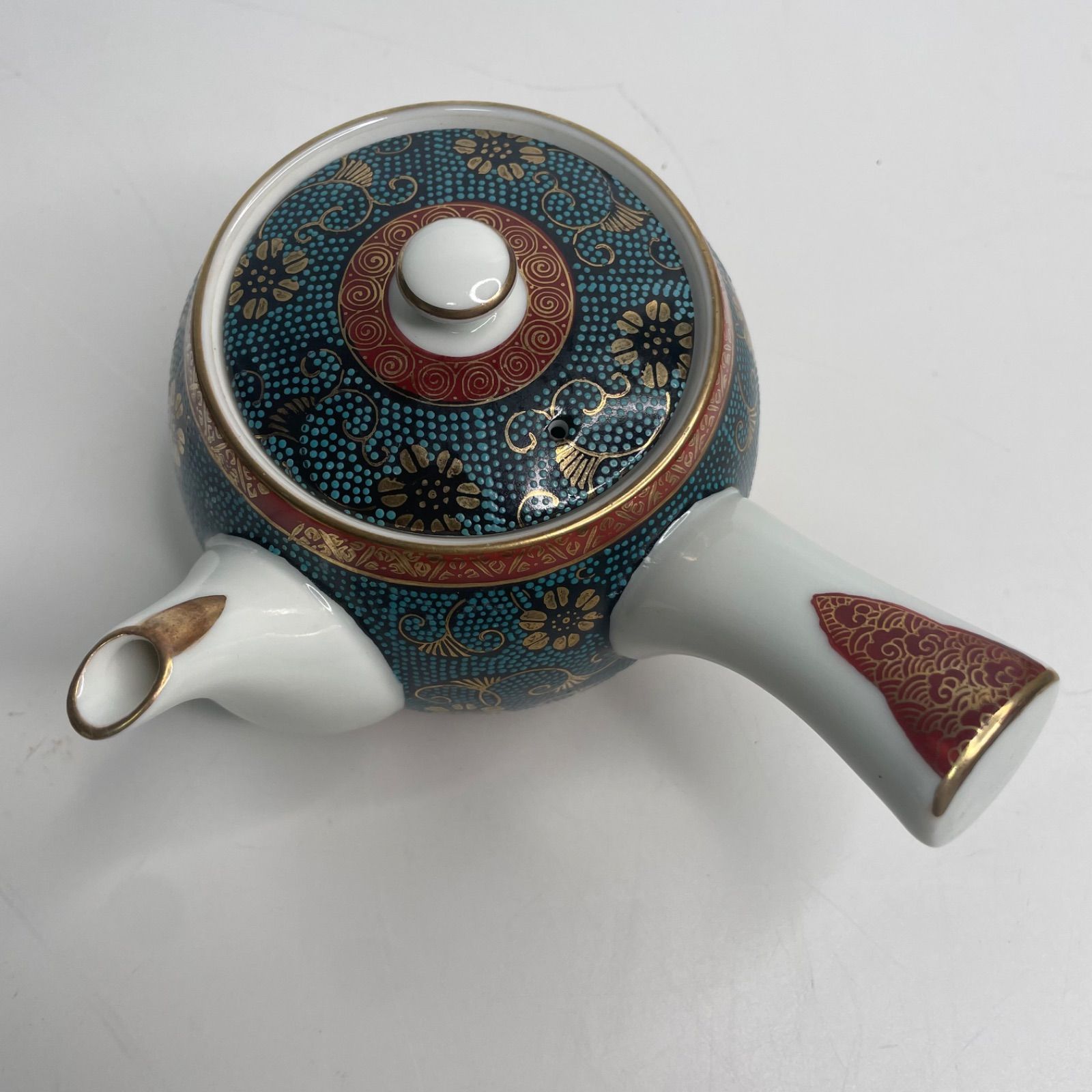 ○九谷焼 九谷良山 青粒鉄山 蓋付き茶器揃い 花唐草文 茶器揃 蓋つき
