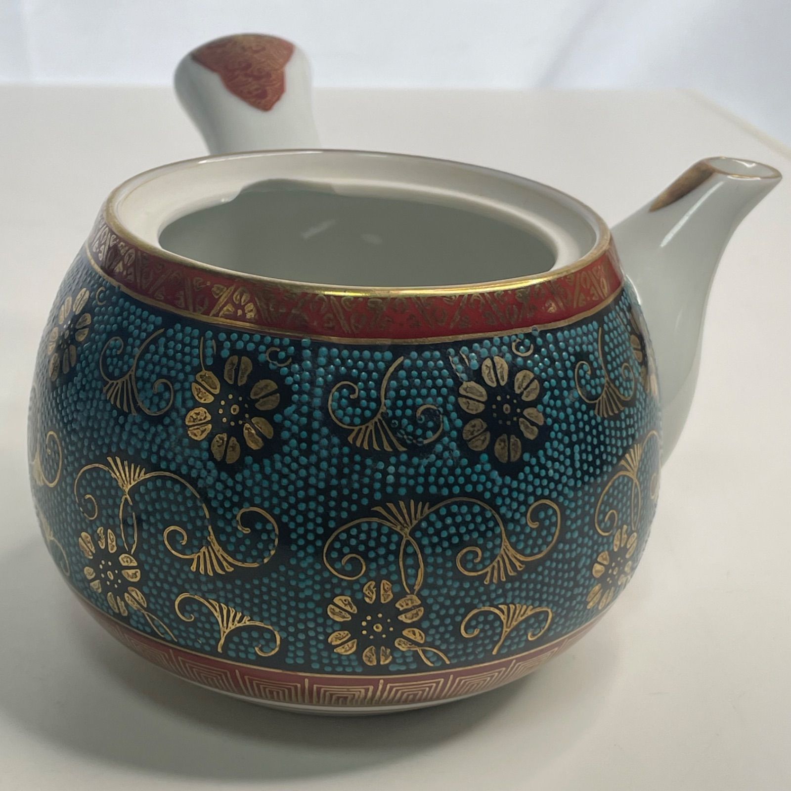 ○九谷焼 九谷良山 青粒鉄山 蓋付き茶器揃い 花唐草文 茶器揃 蓋つき