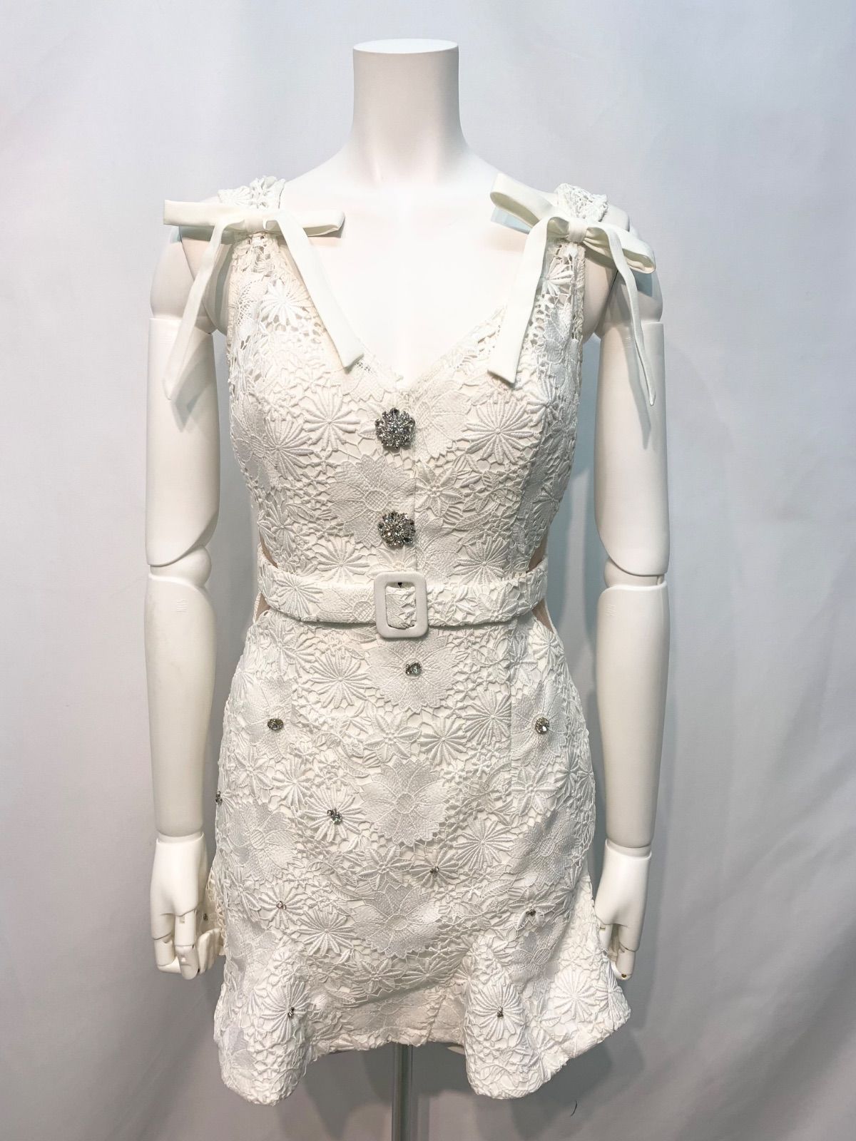 1711 ROBE de FLEURS ローブドフルール キャバクラ ドレス クロシェレース ストラップリボン タイト ミニ ストーン キャバドレス M