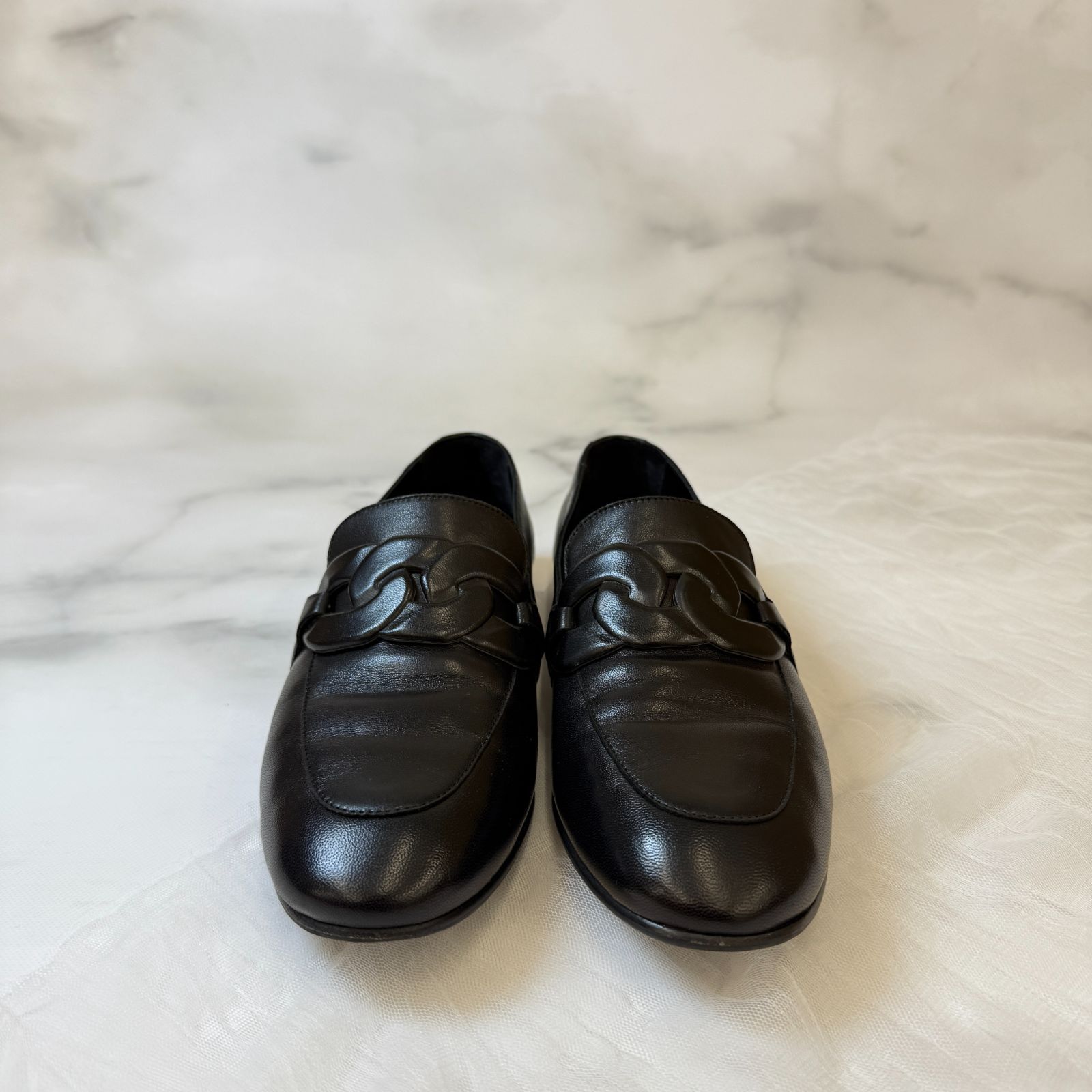 鑑定済み エルメス オネスト 37 24 cm程度 ブラック レザー モカシン 靴 シェーヌ グルメット モチーフ