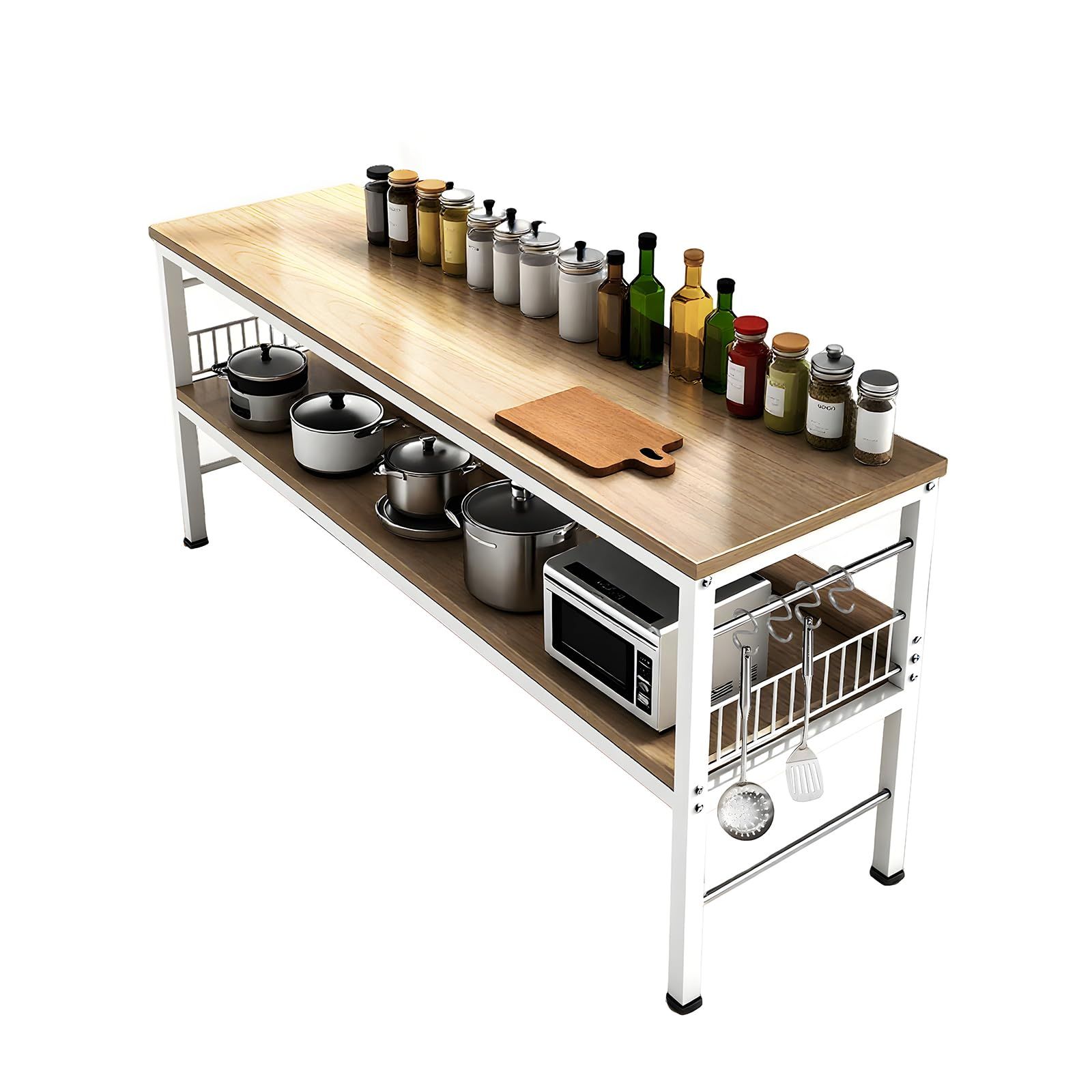 YASICA 作業台 キッチン作業台 調理台 キッチンテーブル 耐荷重強 調理 収納両用 ダブルレイヤー 木材製 スチールフレーム 高安定性 ホルムアルデヒドフリー 無臭 高安定性構造 昇降 なフット ×4 S フック ×4 内六角ネジ付属 簡単組立