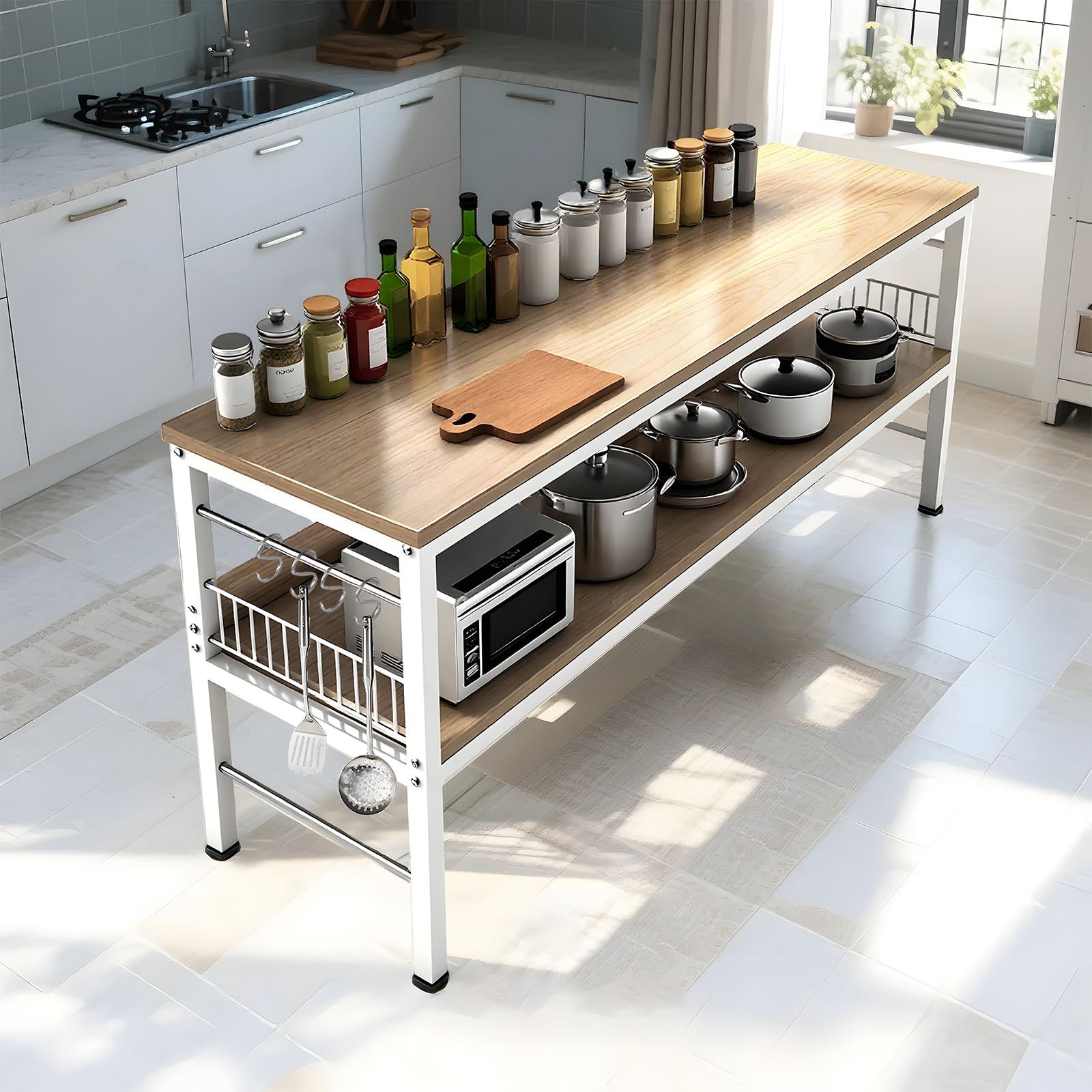 YASICA 作業台 キッチン作業台 調理台 キッチンテーブル 耐荷重強 調理 収納両用 ダブルレイヤー 木材製 スチールフレーム 高安定性 ホルムアルデヒドフリー 無臭 高安定性構造 昇降 なフット ×4 S フック ×4 内六角ネジ付属 簡単組立
