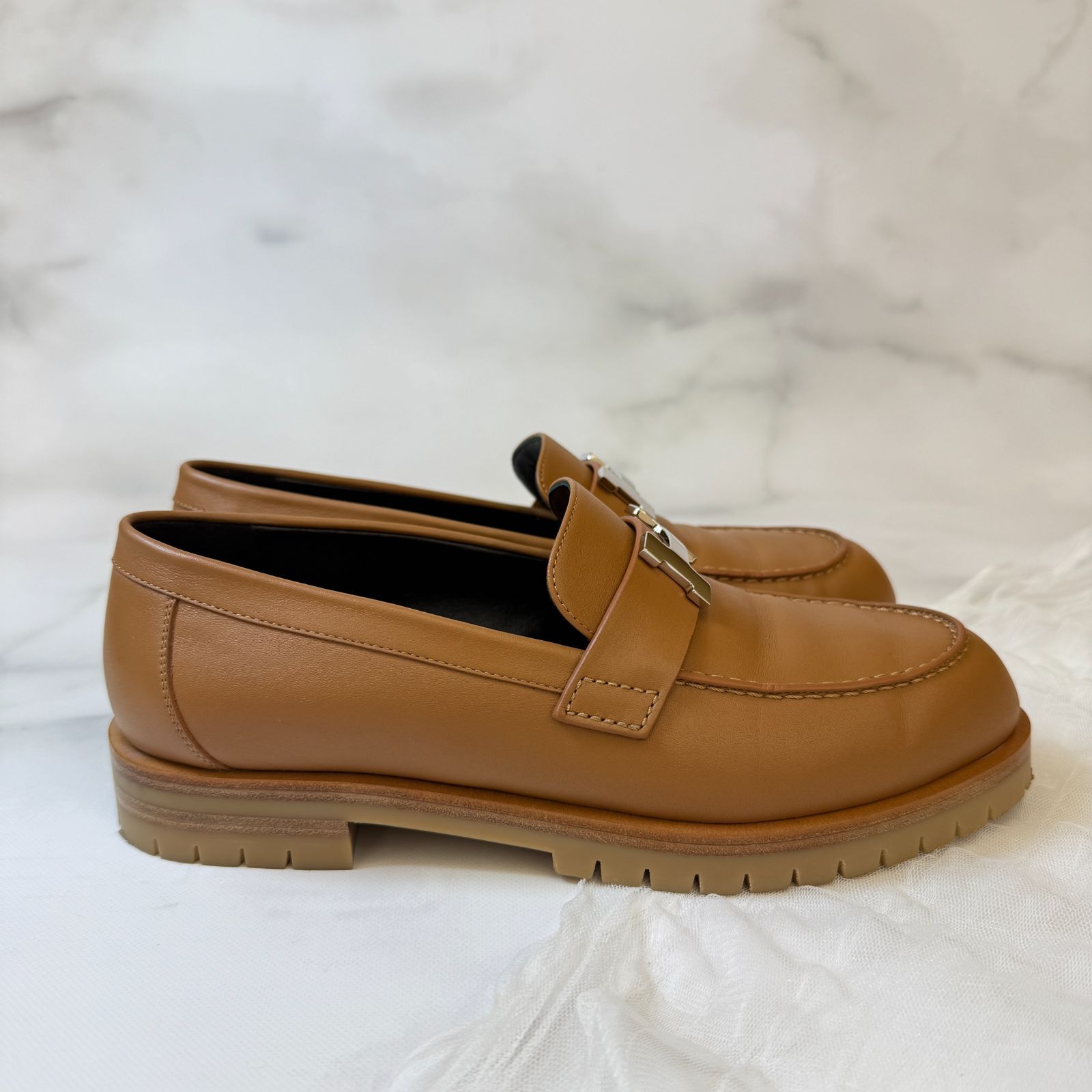 鑑定済み エルメス フォーブル 36.5 23.5 cm程度 ナチュラル シルバー金具 カーフ メタル モカシン Hロゴ スカート モカシン 