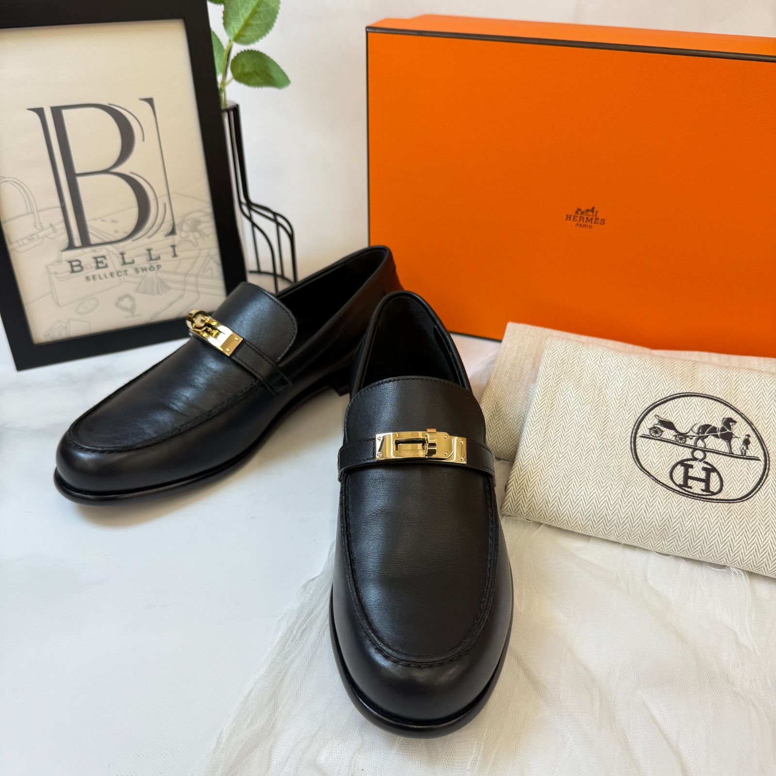 鑑定済み エルメス デスタン 37 24 cm程度 ブラック ゴールド金具 レザー モカシン