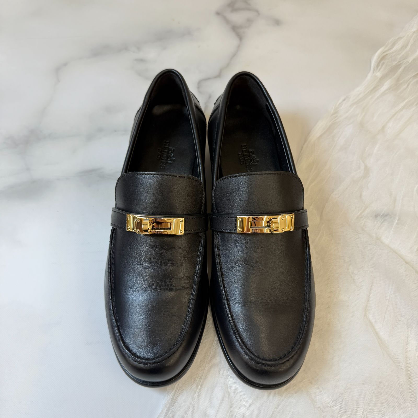 鑑定済み エルメス デスタン 37 24 cm程度 ブラック ゴールド金具 レザー モカシン