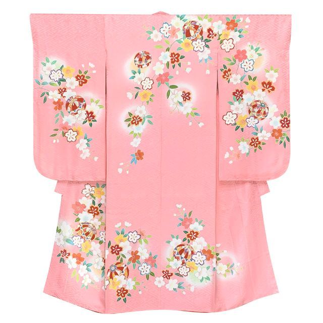 七五三 7歳 女の子 着物フルセット 正絹 金駒刺繍 手描き 四つ身着物と結び帯 コーデセット ピンク 鈴と桜 IYS1006i2425392SR