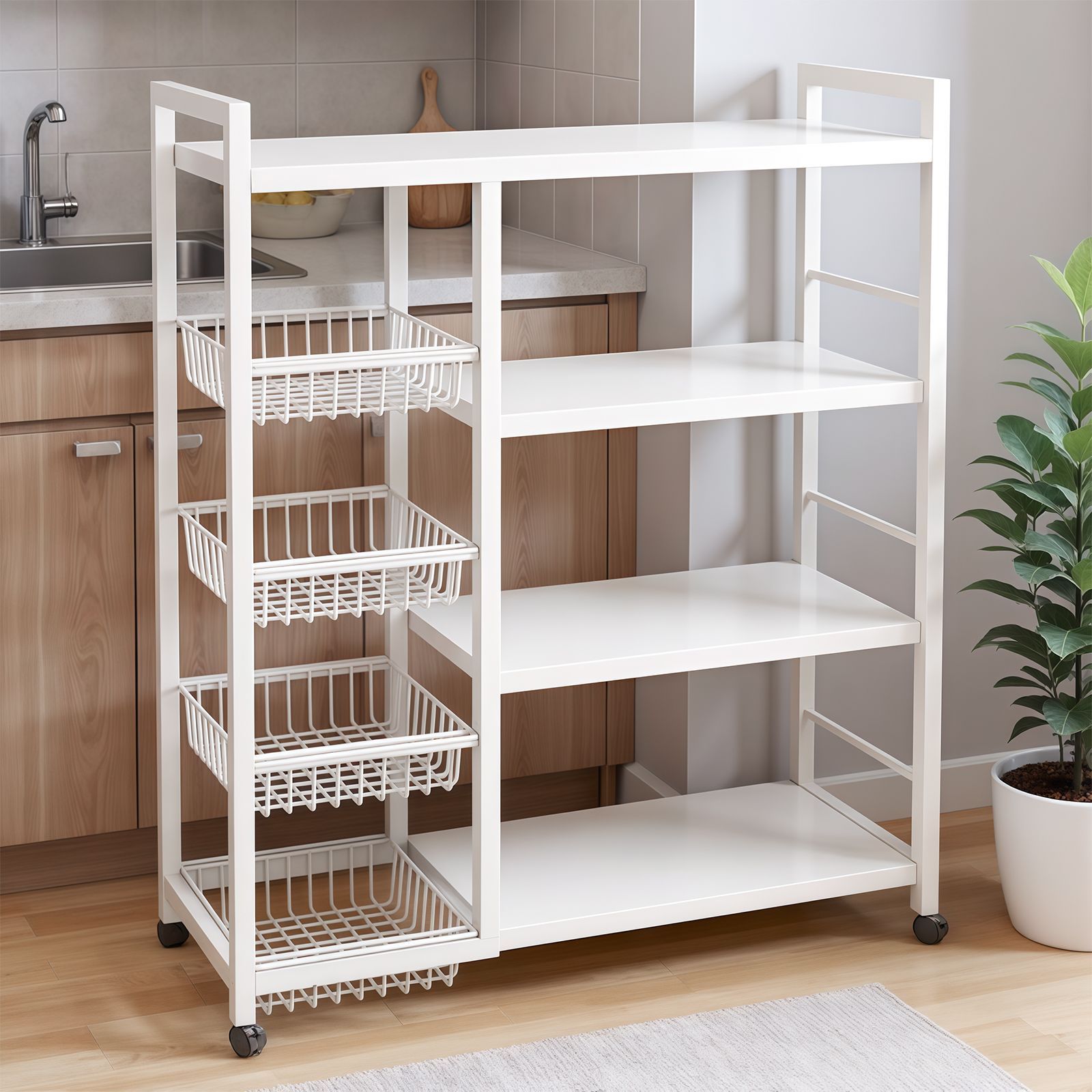 クリスマスセール・送料無料」炭素鋼製 4段 ホワイト キッチン収納