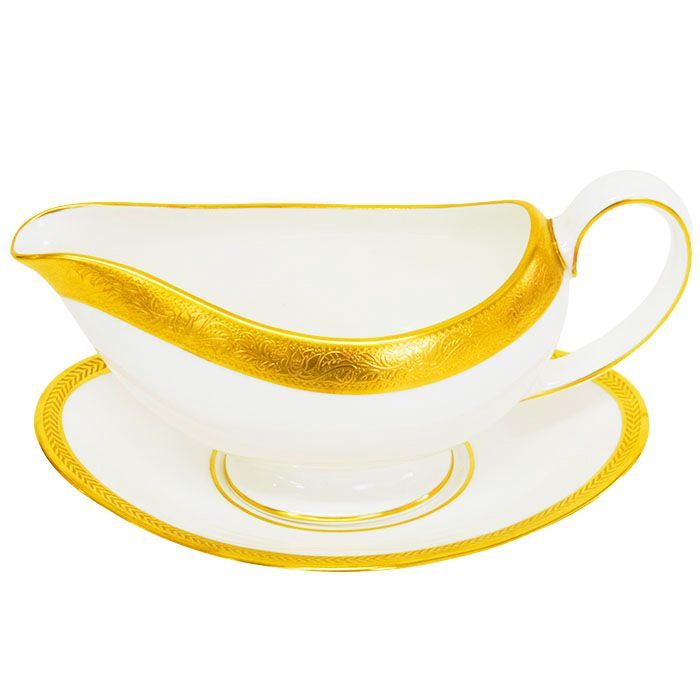 ABランク ウェッジウッド アスコット ASCOT ソースポット ＆ ソーサー ボーンチャイナ 陶器 金彩 イギリス製 黒壺 レディース メンズ ホワイト ゴールド mbm 07019