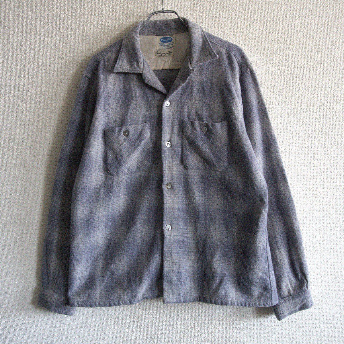 50s～60s】PILGRIM【オープンカラー ウール オンブレチェックシャツ】L