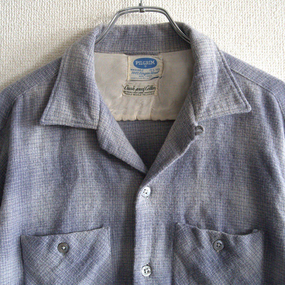 50s～60s】PILGRIM【オープンカラー ウール オンブレチェックシャツ】L