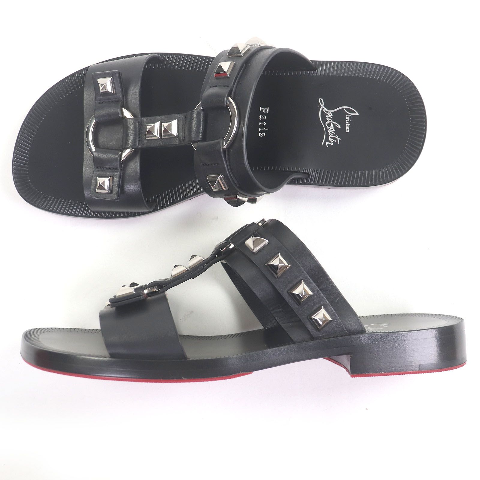  Christian Louboutin クリスチャンルブタン VENI VIDI LOUBI FLAT レザー スタッズ シャワーサンダル ブラック 41.5 箱 保存袋付き イタリア製 メンズ サンダル サンダル
