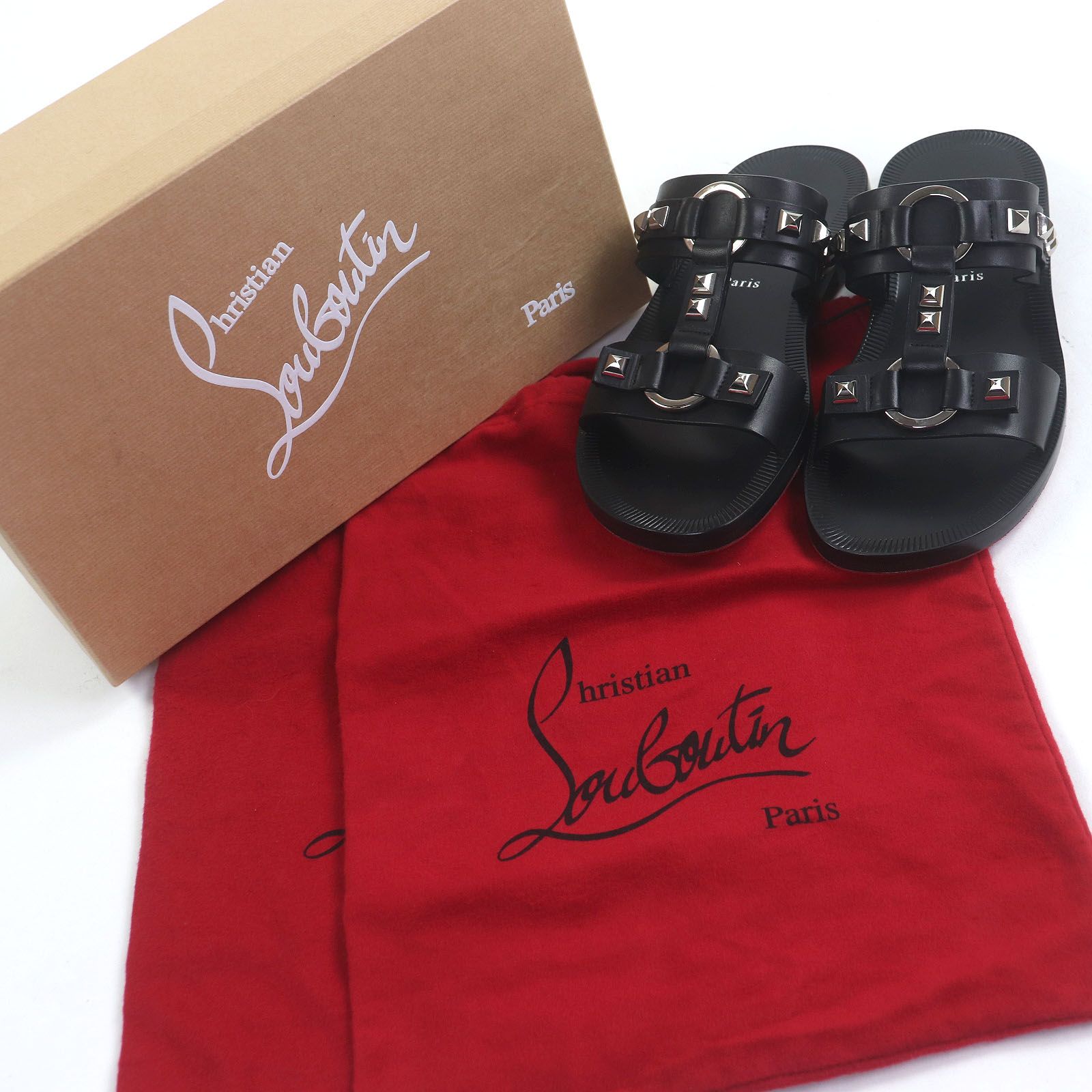 Christian Louboutin クリスチャンルブタン VENI VIDI LOUBI FLAT レザー スタッズ シャワーサンダル ブラック 41.5 箱 保存袋付き イタリア製 メンズ
