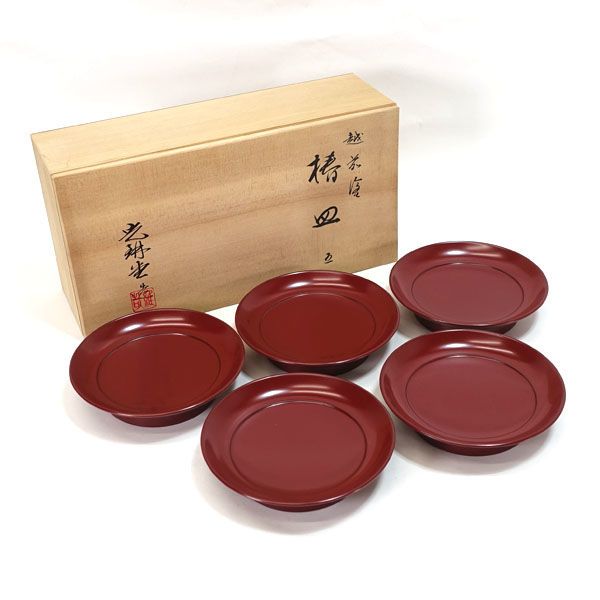 ■越前塗　椿皿5客揃い■光琳堂・木箱付・和食器・漆塗り・工芸品・茶道具・菓子皿 越前塗 光耕堂造 ◇【漆器】越前塗/椿皿揃（5枚組） すまい 雑貨 工芸