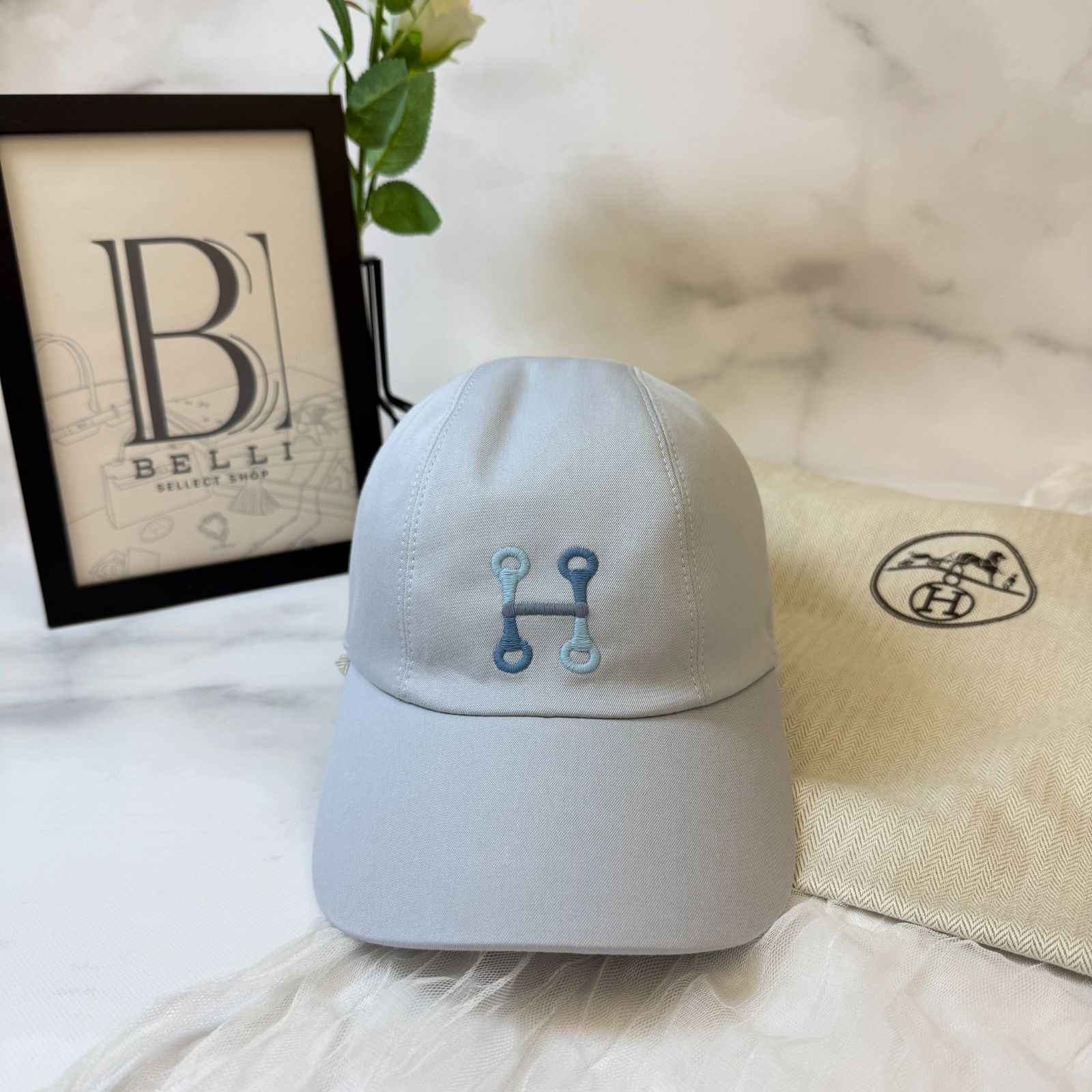 鑑定済み エルメス マイルス Hモール 57 グラシエ グレー ブルー シルバー金具 コットン キャスケット キャップ H 刺繍