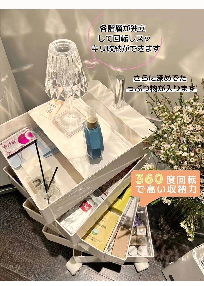 ラック ワゴン キャスター付き 5段 ラック 透明 クリア 高い収納力 ラック 収納棚 360度回転 回転式 トレイワゴン回転