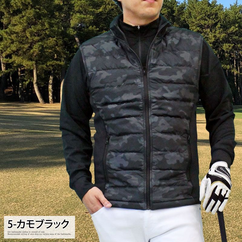 Golf Down Vest, Men's Golf Wear Jacket, Outer Blouson, Lightweight, Fleece-Lined, Boa Stand, Zip Up, Solid Color, Sports, Warm, Fall, Winter, JKT210, 5-Camo, Black