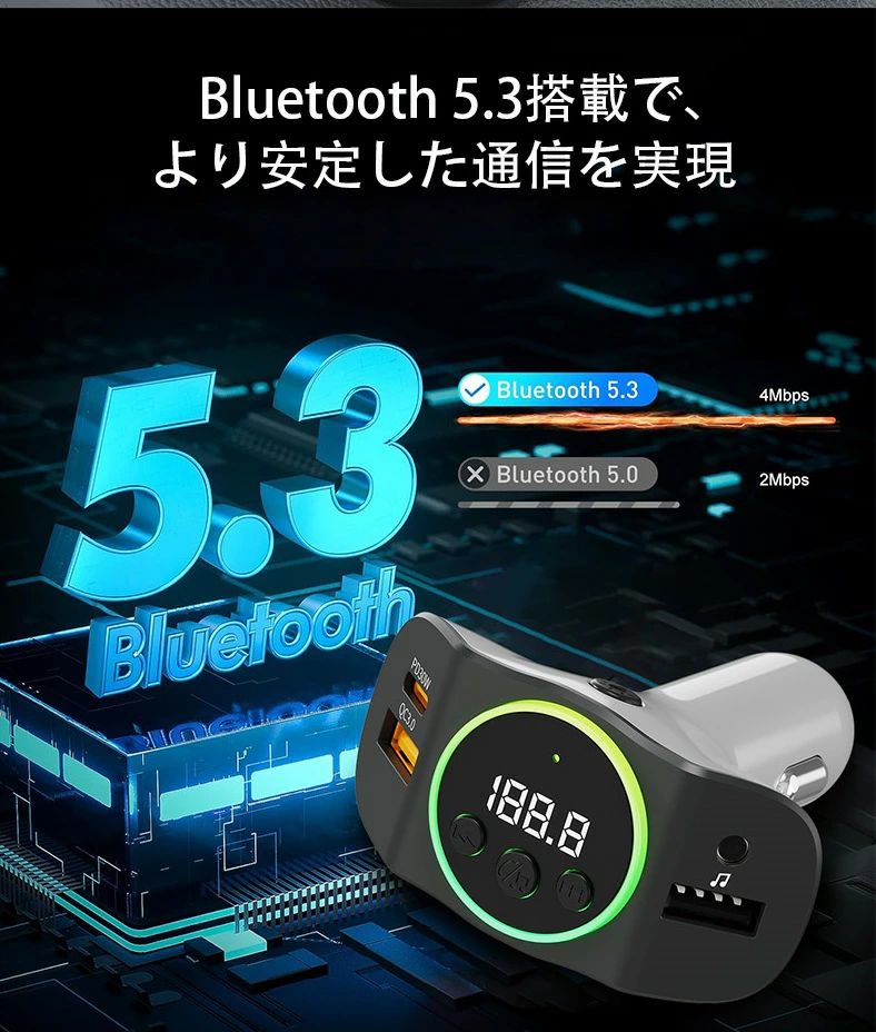 FMトランスミッター 車音楽 Bluetooth5.3 最大45W 3台同時充電 急速