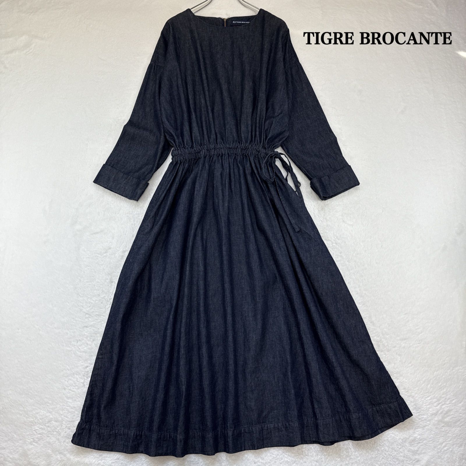 TIGRE BROCANTE ティグルブロカンテ 天空丸 6ozデニムウエスト絞りギャザーワンピース デニムワンピース プルオーバー インディゴ ドロップショルダー ロングワンピース 長袖 コットン