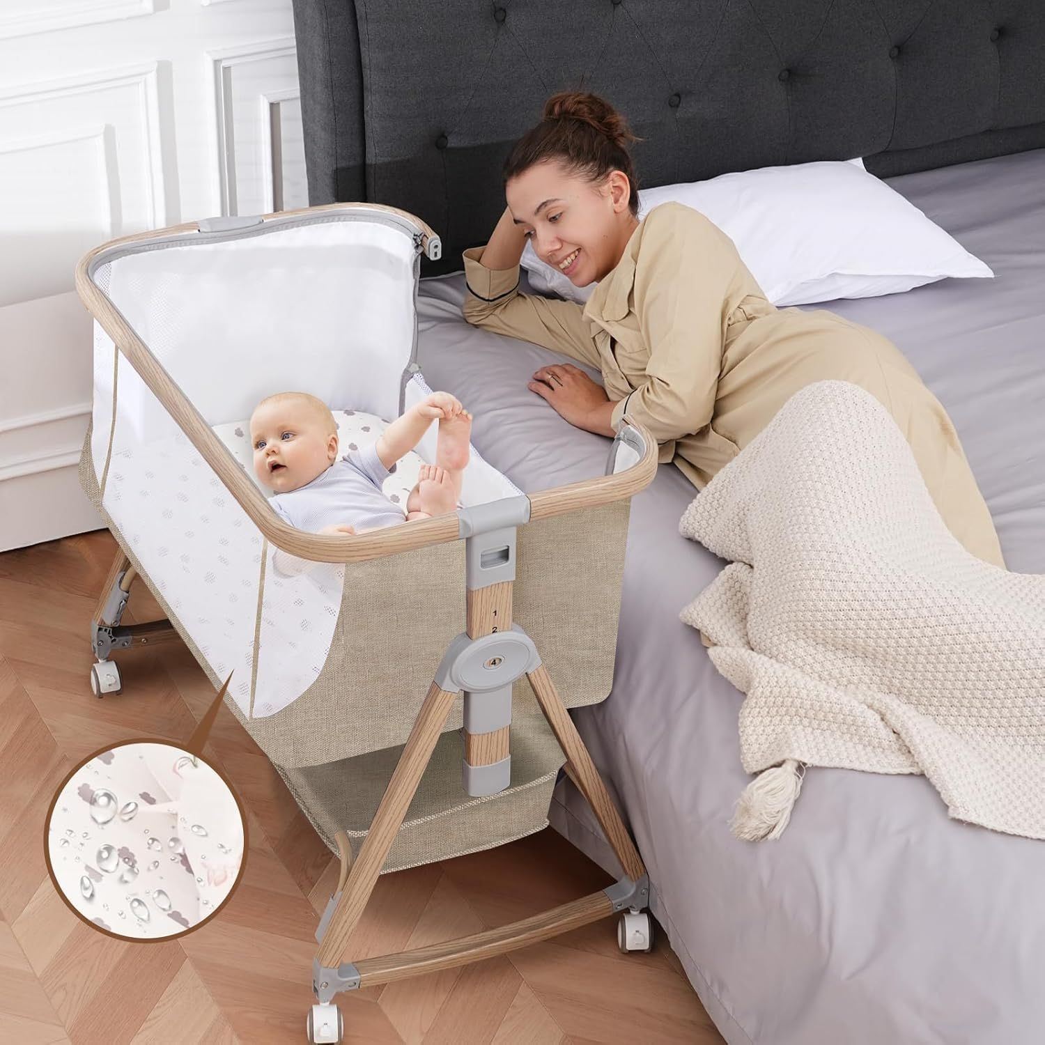 新品 ベビーベッド 添い寝ベッド 浅い木色 乳児用ベッド 多機能 高さ6段階調節可能 キャスター付き 組み立て簡単 ゆりかご機能付き ベビーラック 通気性 新生児ベッド 出産祝い 0ヶ月～24ヶ月対応 カーキ色