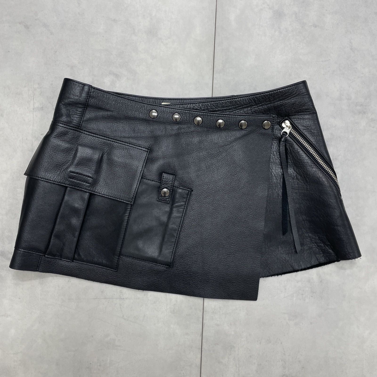 say レザーラップスカート ミニ 巻き 本革 スナップボタン ジップ ポケット ヴィンテージ 90s 古着 Y2K 黒