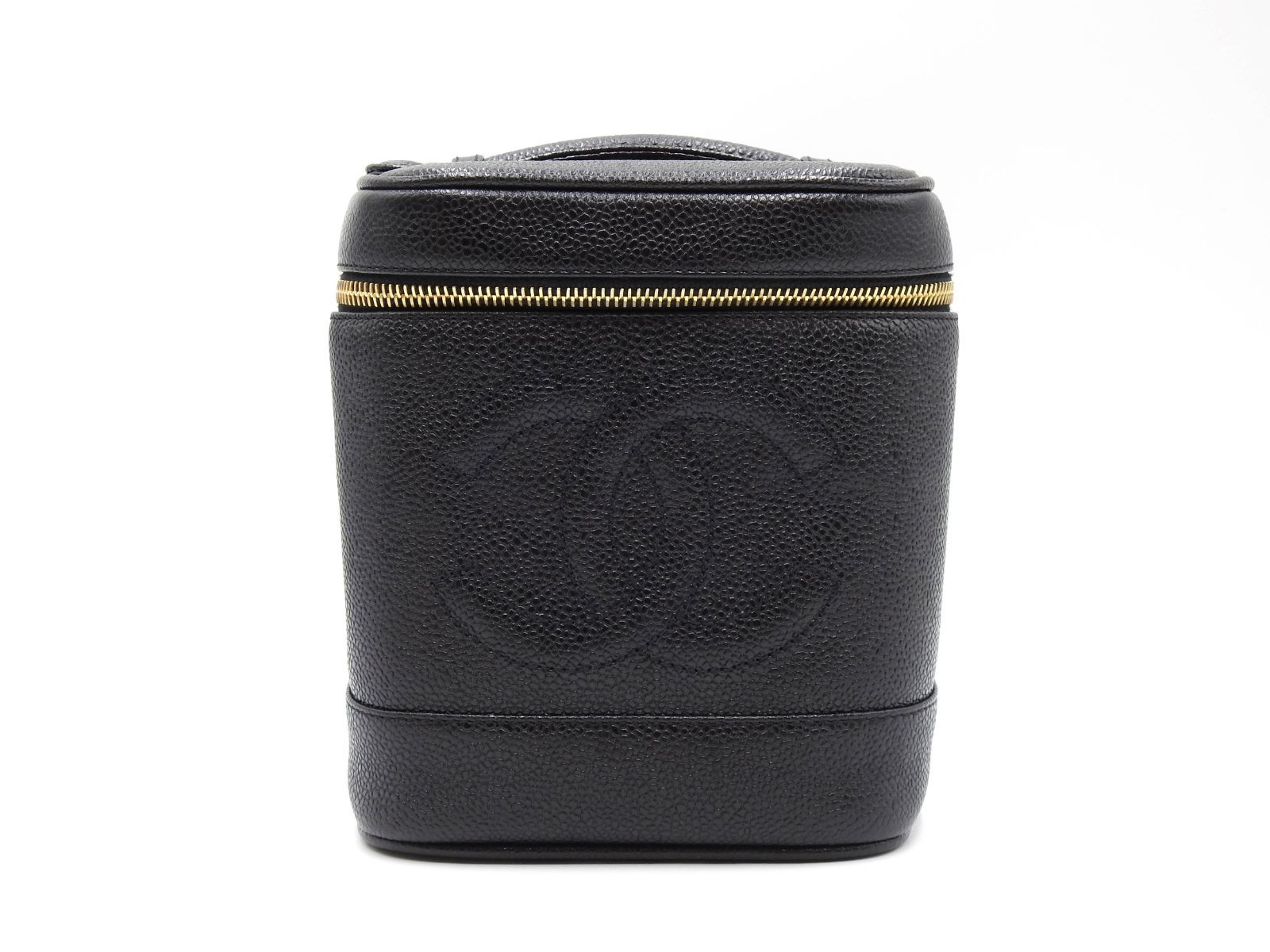 シャネル ココマーク キャビアスキン バニティバッグ 化粧ポーチ 縦型 ブラック ゴールド金具 A01998