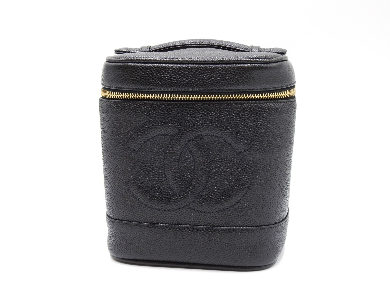 シャネル ココマーク キャビアスキン バニティバッグ 化粧ポーチ 縦型 ブラック ゴールド金具 A01998